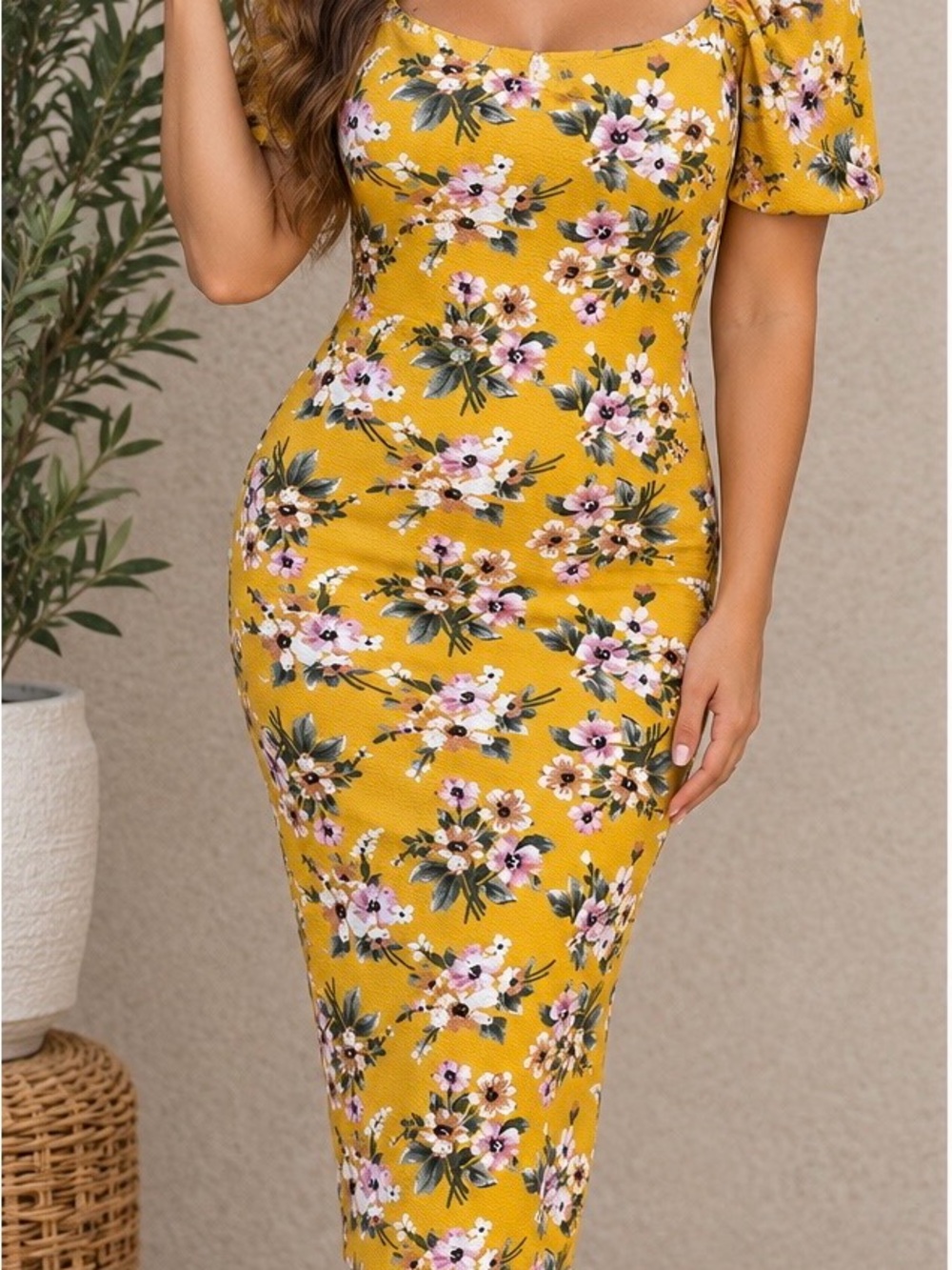 SHEIN Yellow Floral Midi Bodycon Dress